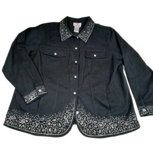 NWT Quacker Factory Brushed Cotton Jean Jacket Bling Rhinestones Black Size 1X